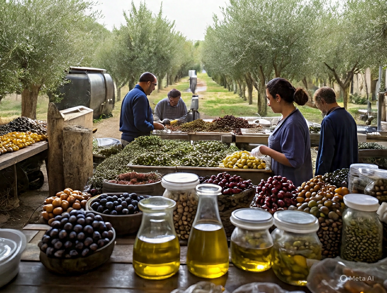 Atelier de tri et de conditionnement des olives dans une oliveraie