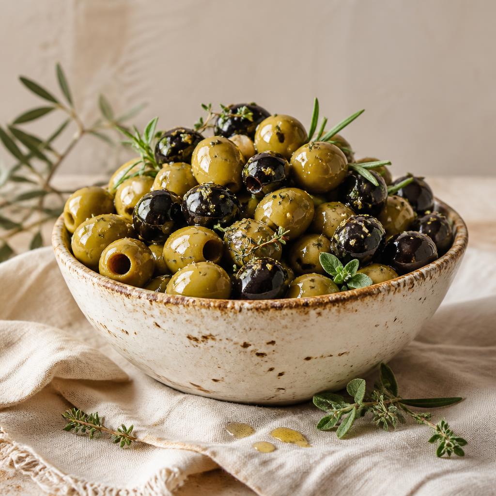 Bol d'olives vertes et noires confites aux herbes