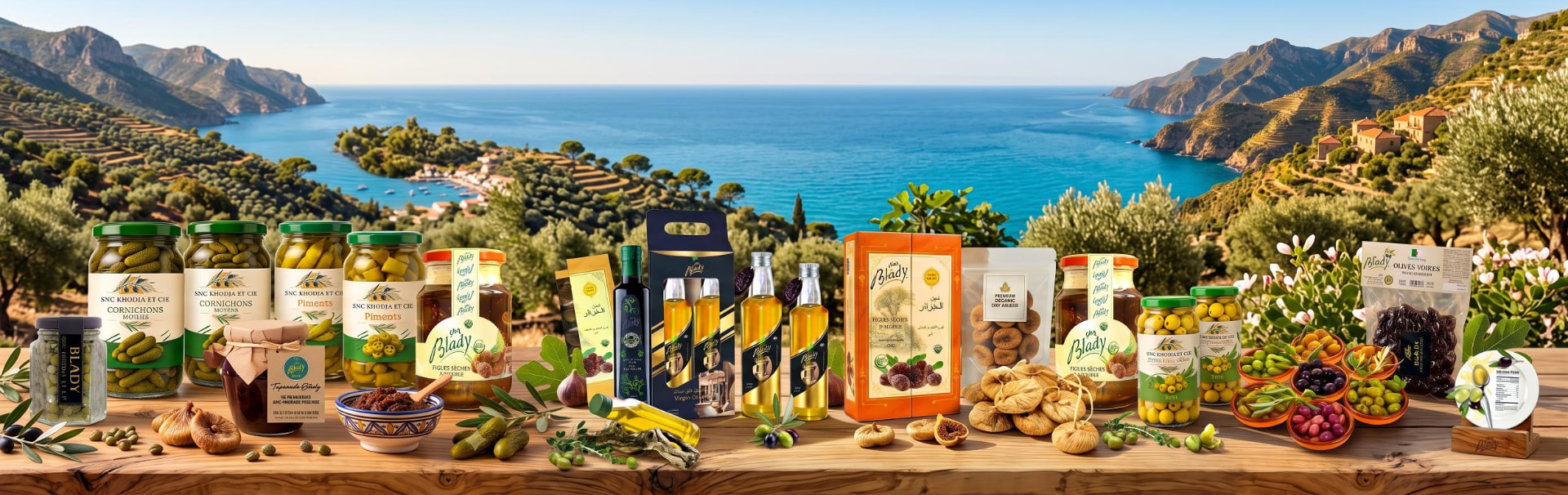 Gammes de produits Blady 2026 — huiles d'olive, olives de table, figues sèches, cornichons, piments, tapenade et câpres