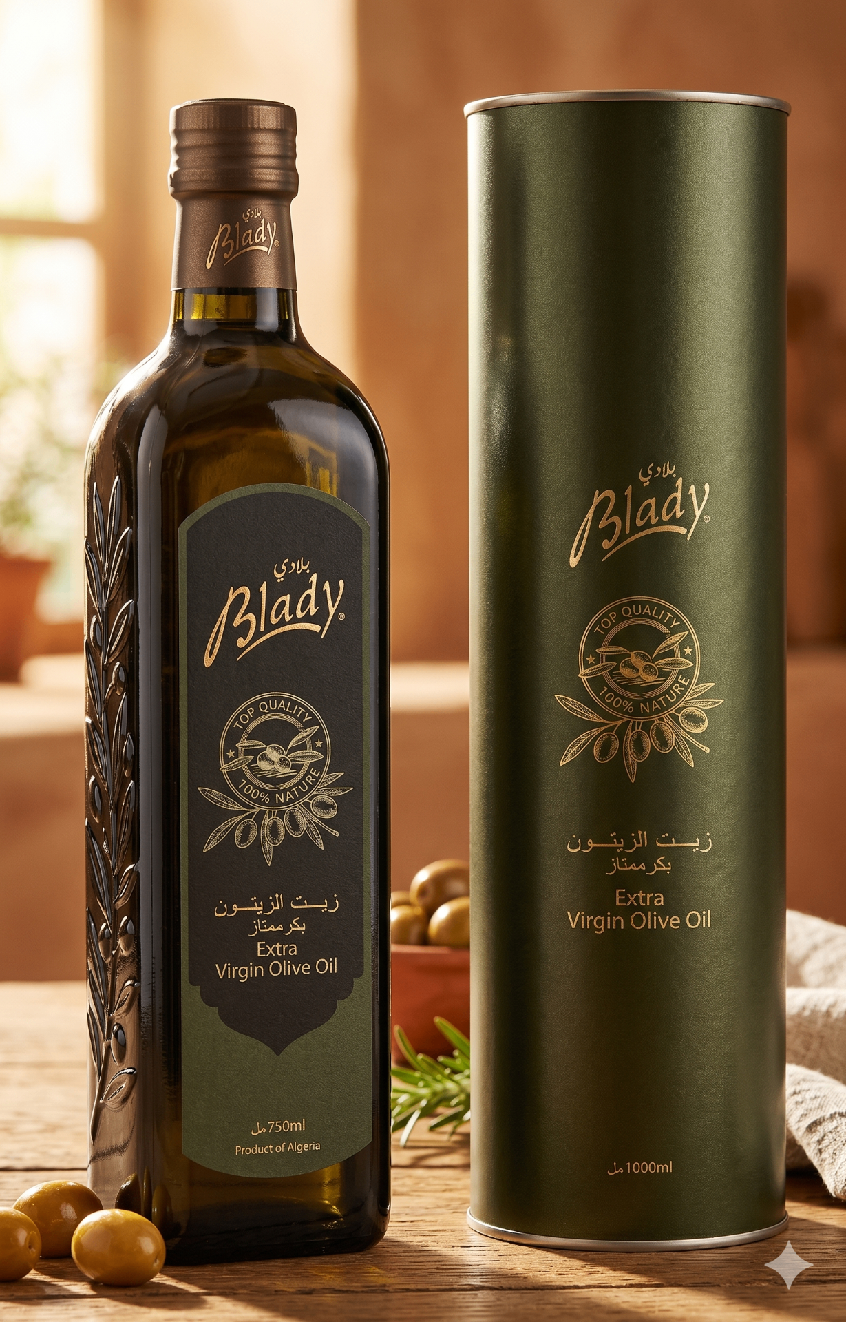 Huile d'olive vierge extra Blady — bouteille 750 ml et étui 1 L