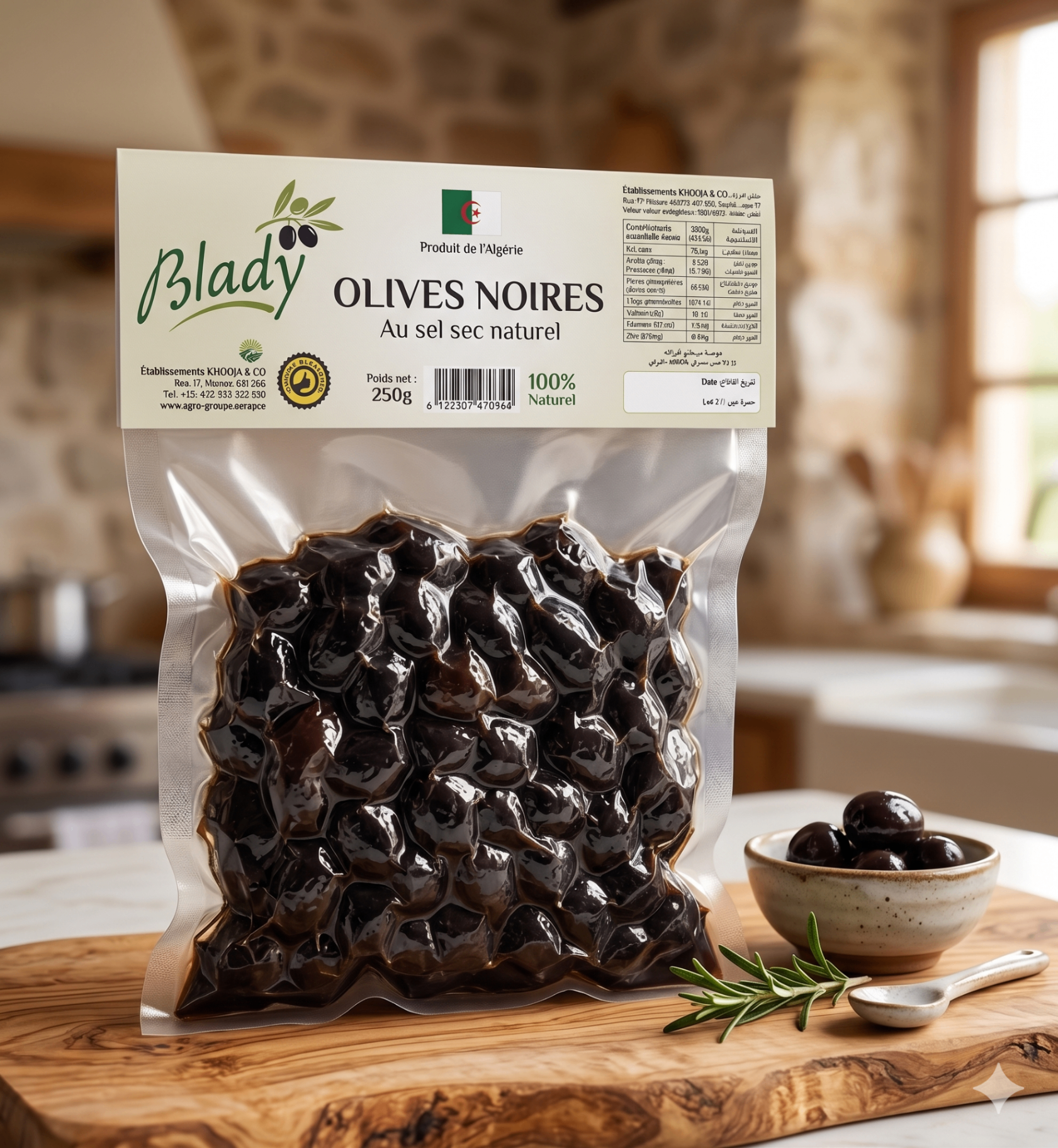Sachet de 250 g d'olives noires Blady au sel sec naturel — produit d'Algérie