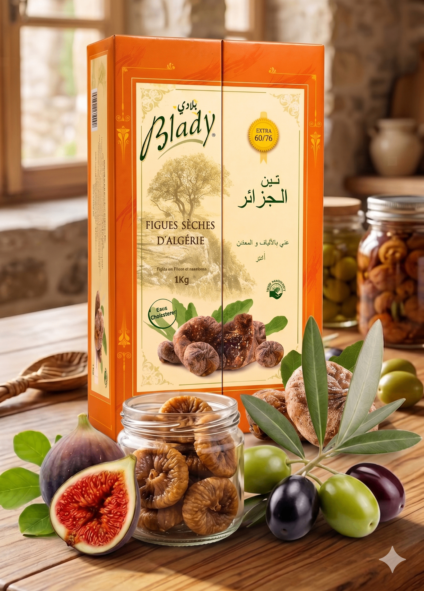 Boîte cadeau Blady de figues sèches d'Algérie 1kg, calibre extra 60/76