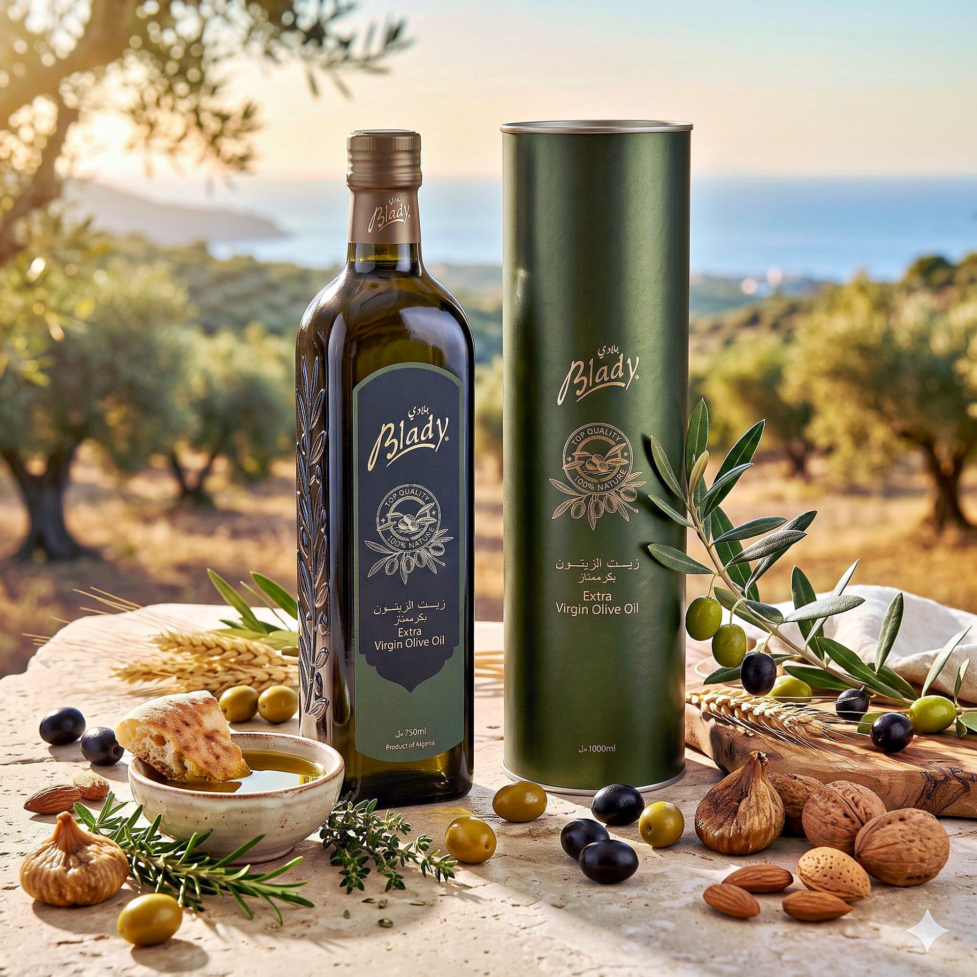 Bouteille 750 ml et étui métallique 1 L d'huile d'olive vierge extra Blady dans une oliveraie face à la Méditerranée