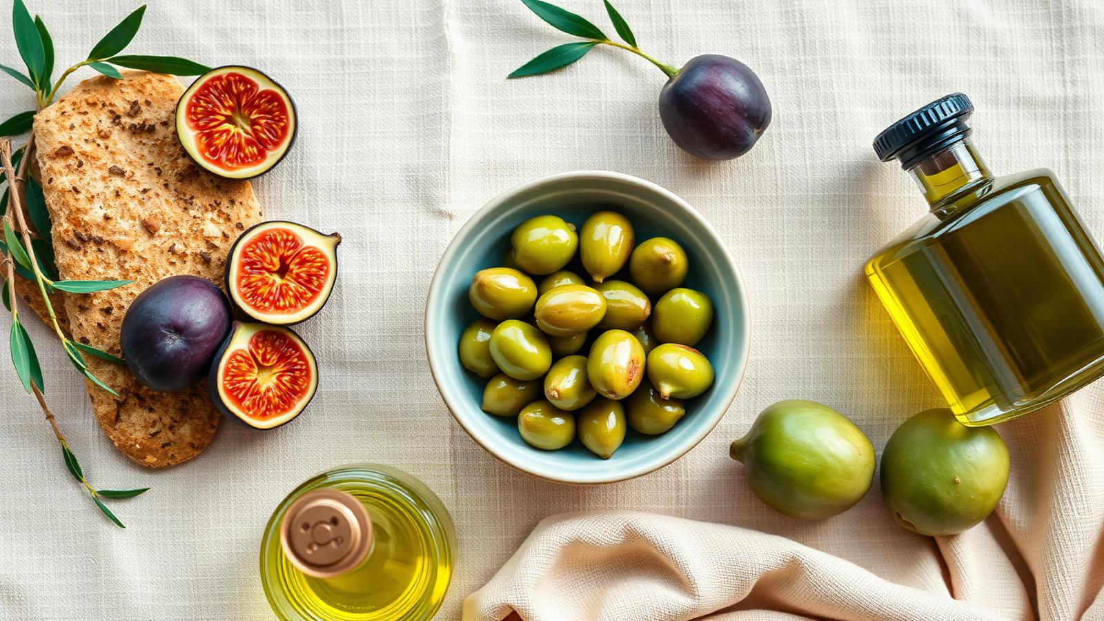 Huile d'olive, figues et olives sur une table méditerranéenne