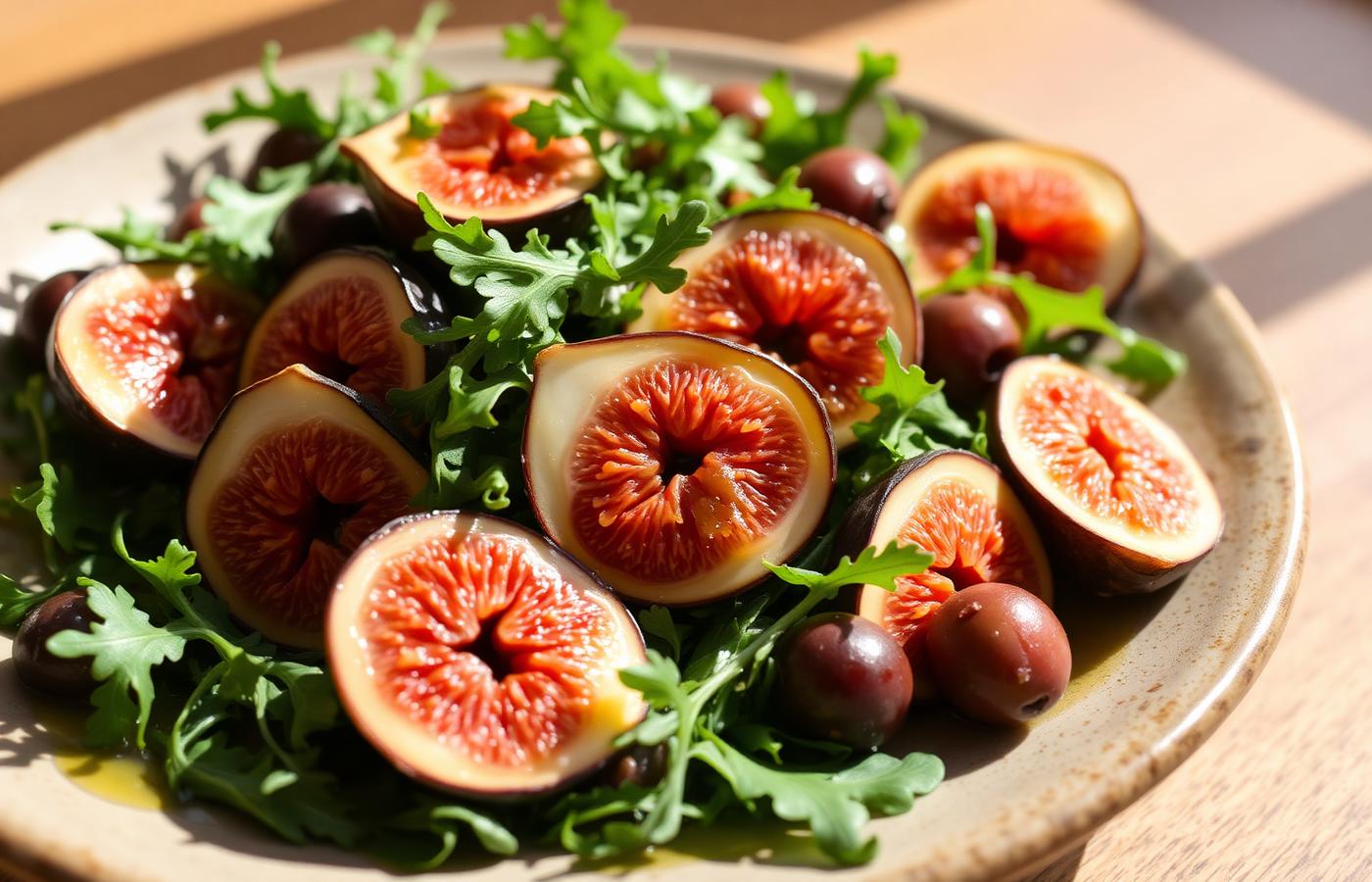Salade de figues fraîches, olives et roquette